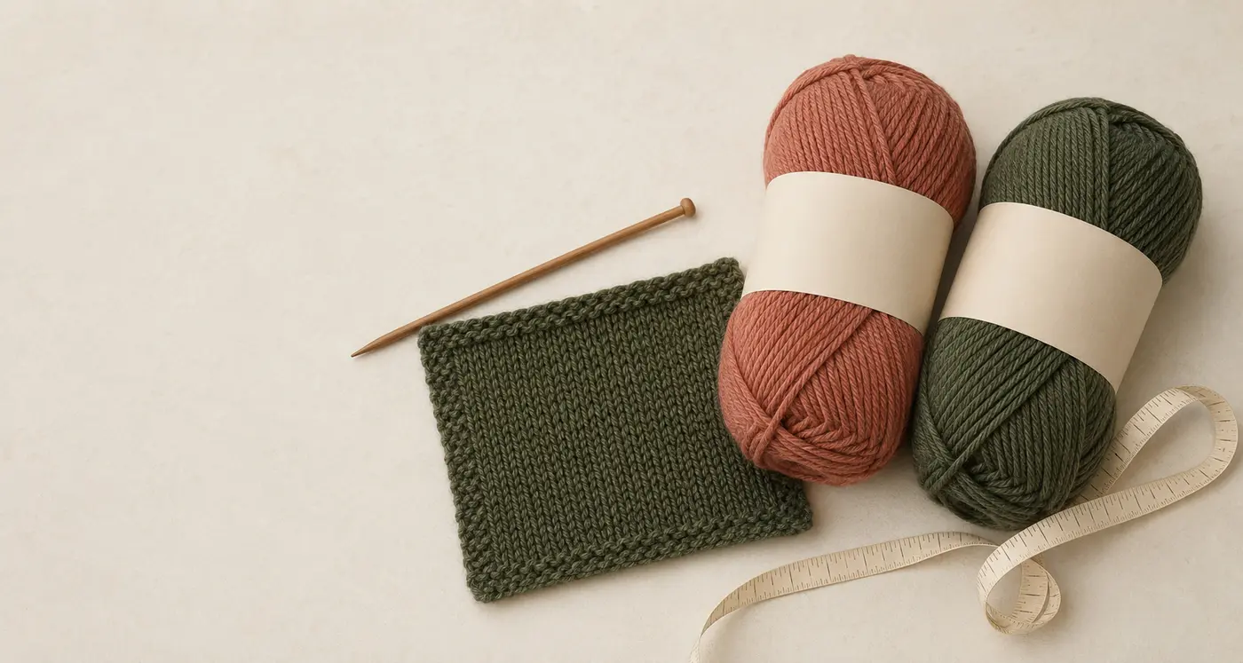 Two unbranded yarn skeins beside a knitted gauge swatch, measuring tape and knitting needle